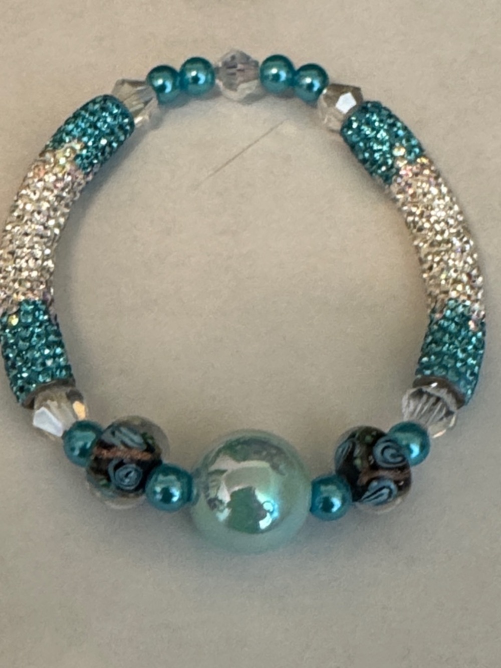 Teal Crystal Tube & Bead Stretch Bracelet - Unbranded